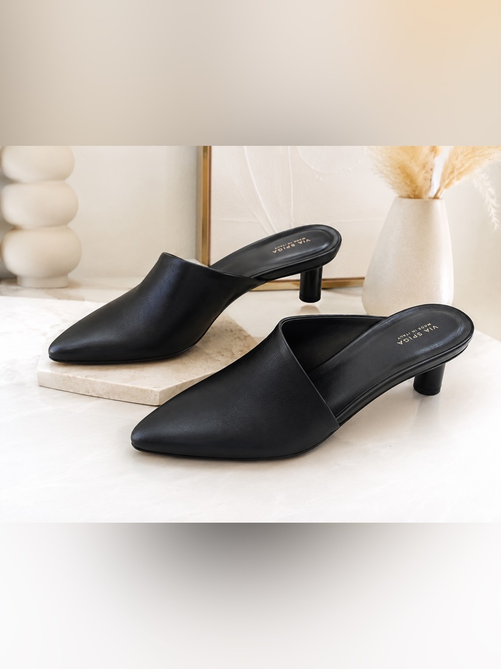 Via Spiga Black Pointed Leather Mule Heels